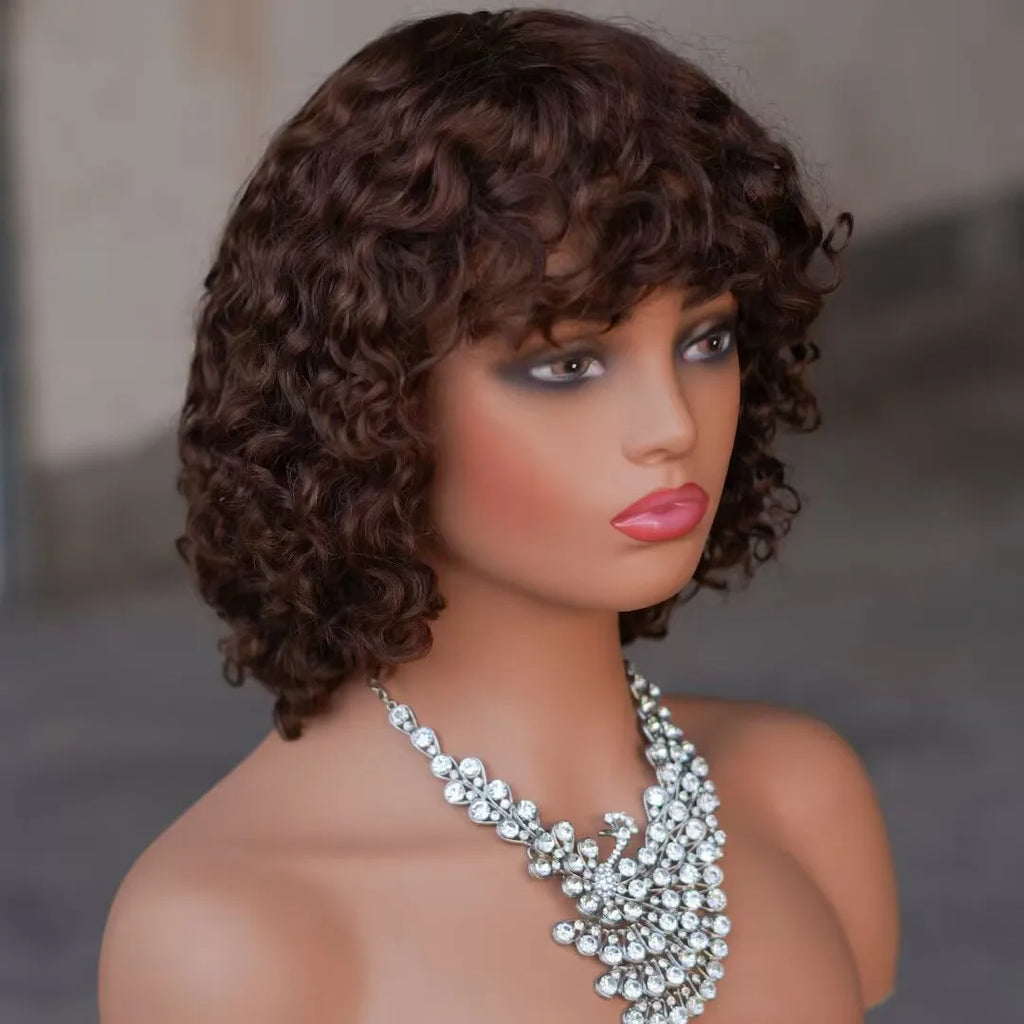 #4 Brown Deep Wave Short Bob Wigs Wear and Go Pre plucked Curly Hair Bob Wig Human Hair Glueless Wigs With Bangs Machine Made