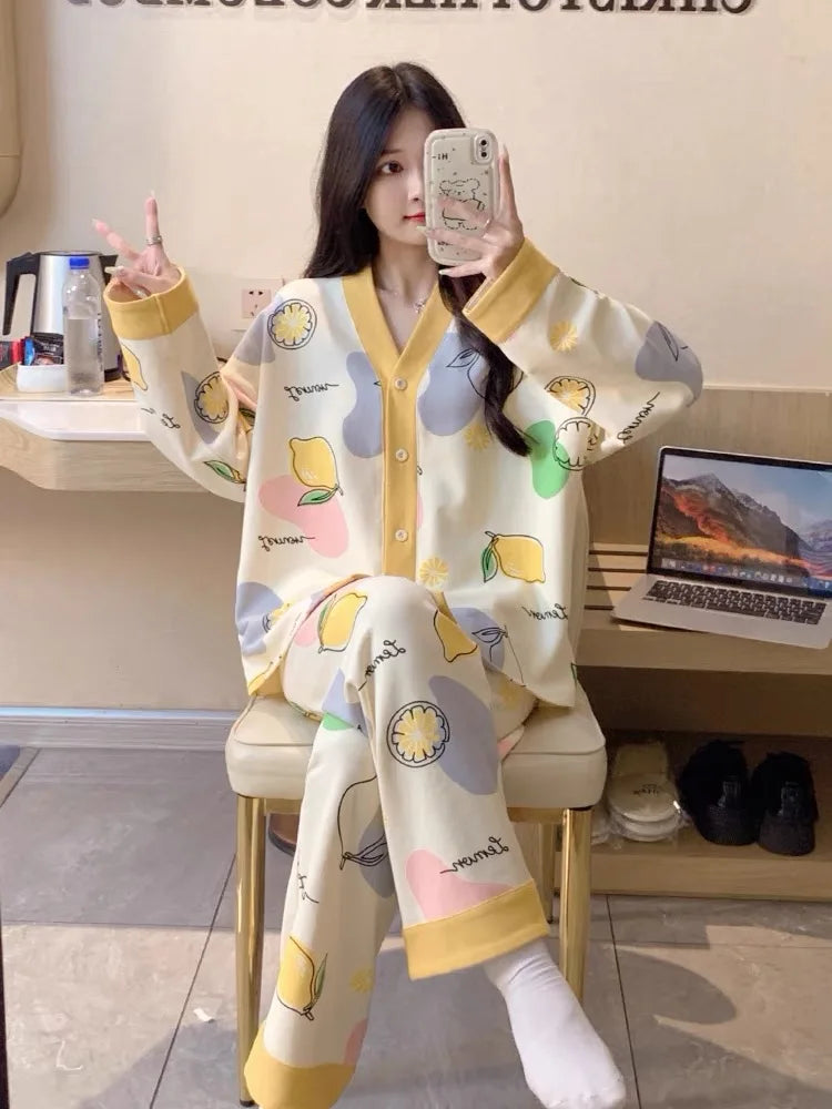 Y2k Women's 100% POLYESTER Pajamas with Cartoon Print Korean Fresh Ins Style Harajuku Lounges 2pcs 2024 New Spring/fall Homewear