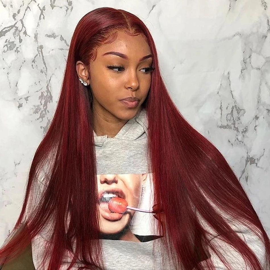 250 Density 99J Burgundy 13x6 Lace Frontal Human Hair Wigs Brazilian Colored 30 40 Inch Straight Red Lace Front Wigs Human Hair
