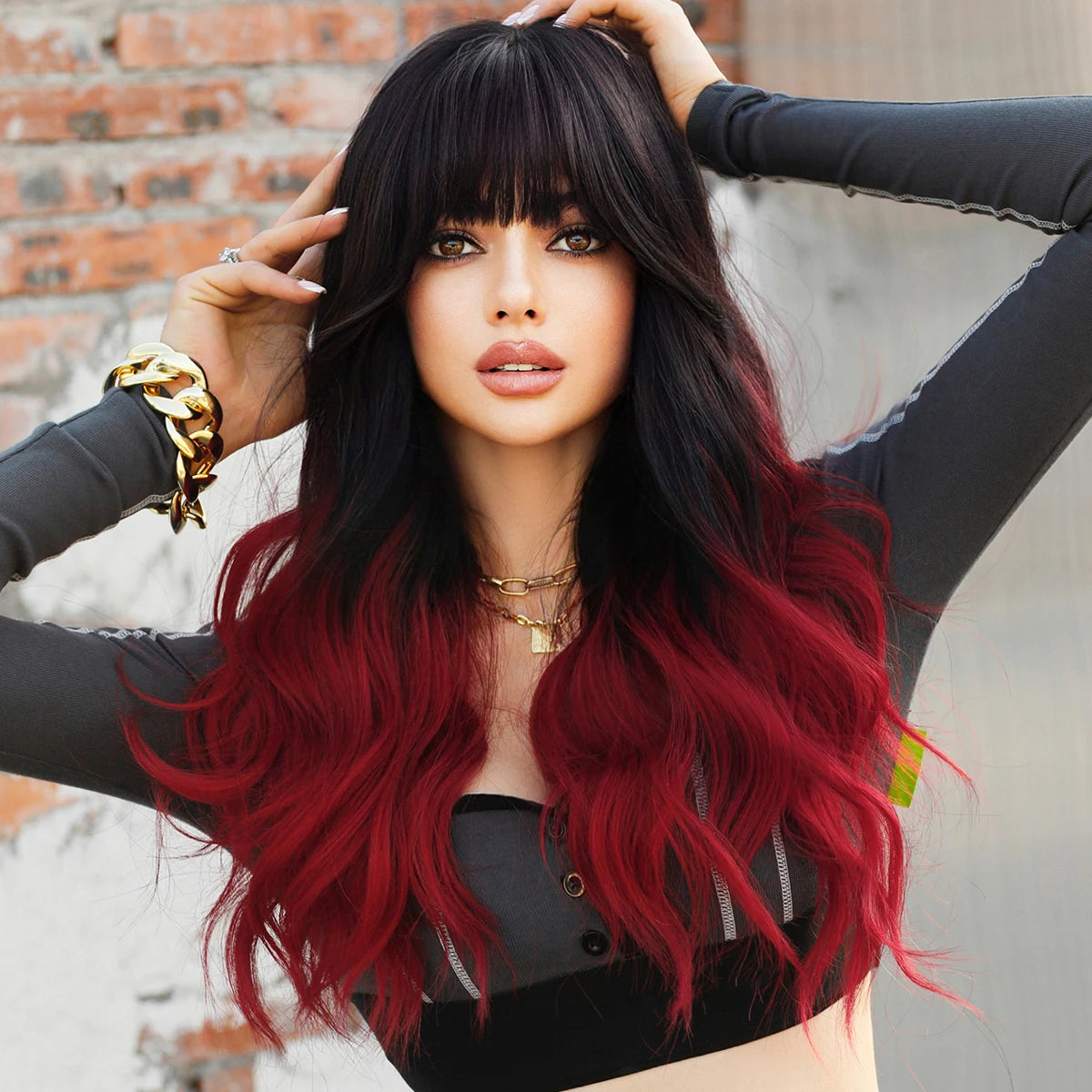 NAMM Long Wavy Ombre Black To Red Wig for Women Daily Cosplay Party Synthetic Lavender Hair Wig with Fluffy Bangs Heat Resistant