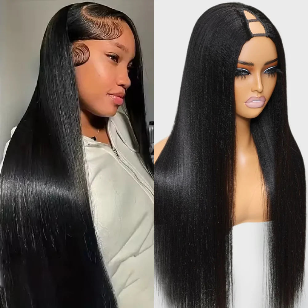 FRIZIRA kinky Straight V Part Brazilian Virgin Human Hair Wigs Glueless Upgrade U Part Wig Glueless V Shape Wig Natural Black