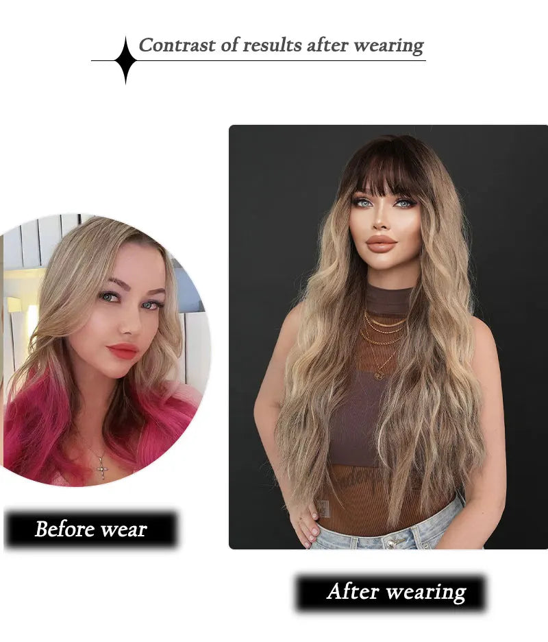 7JHH WIGS Synthetic Loose Wave Brown Wig with Dark Roots High Density Body Wavy Hair Wigs for Women Party Halloween Costume Wigs