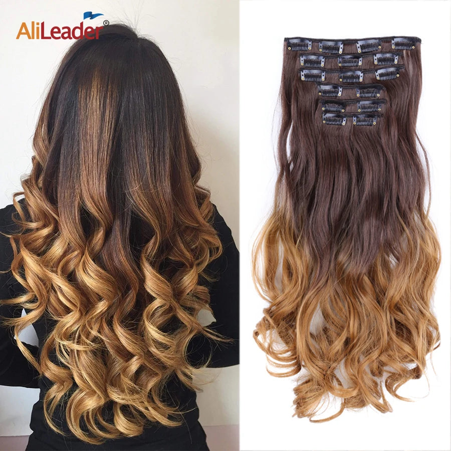 Clip-In Hair Extensions Syntetic Hair 22Inch Long Wave Hair Extensions Ombre Cclip-In One Piece 6Pcs/Set Fake Hairpiece