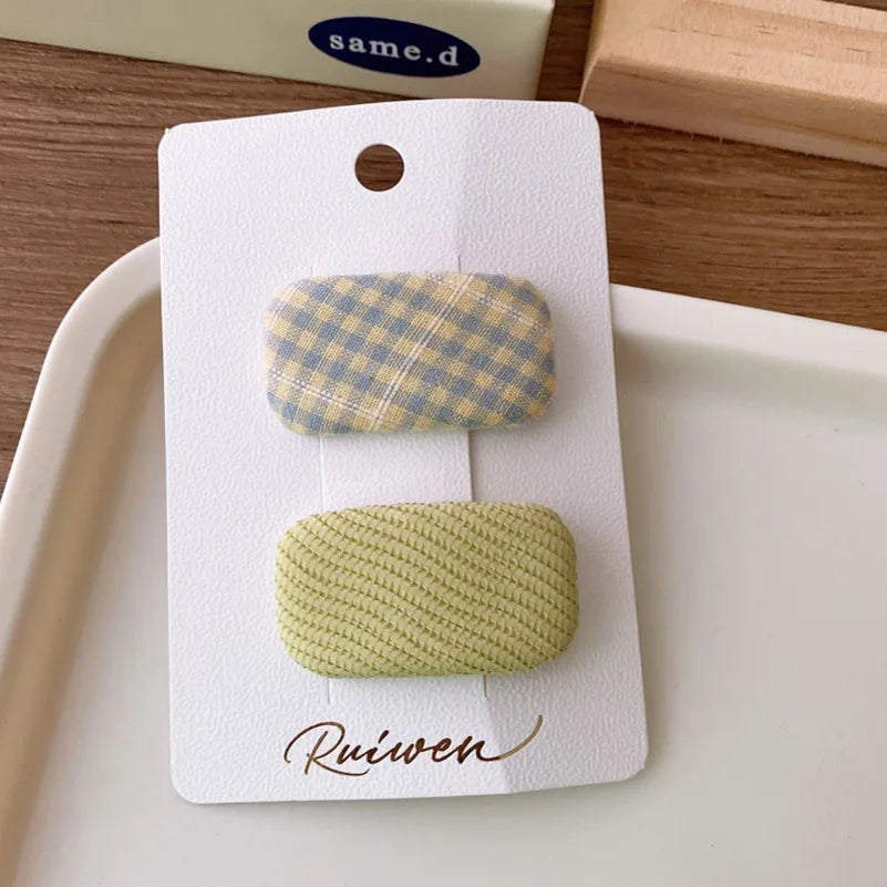 2Pcs/Set Kawaii Girls Sweet Hair Clips Fabric Plaid Cotton Hairpins for Baby Hair Square Shape Women Bangs Barrettes Headwear