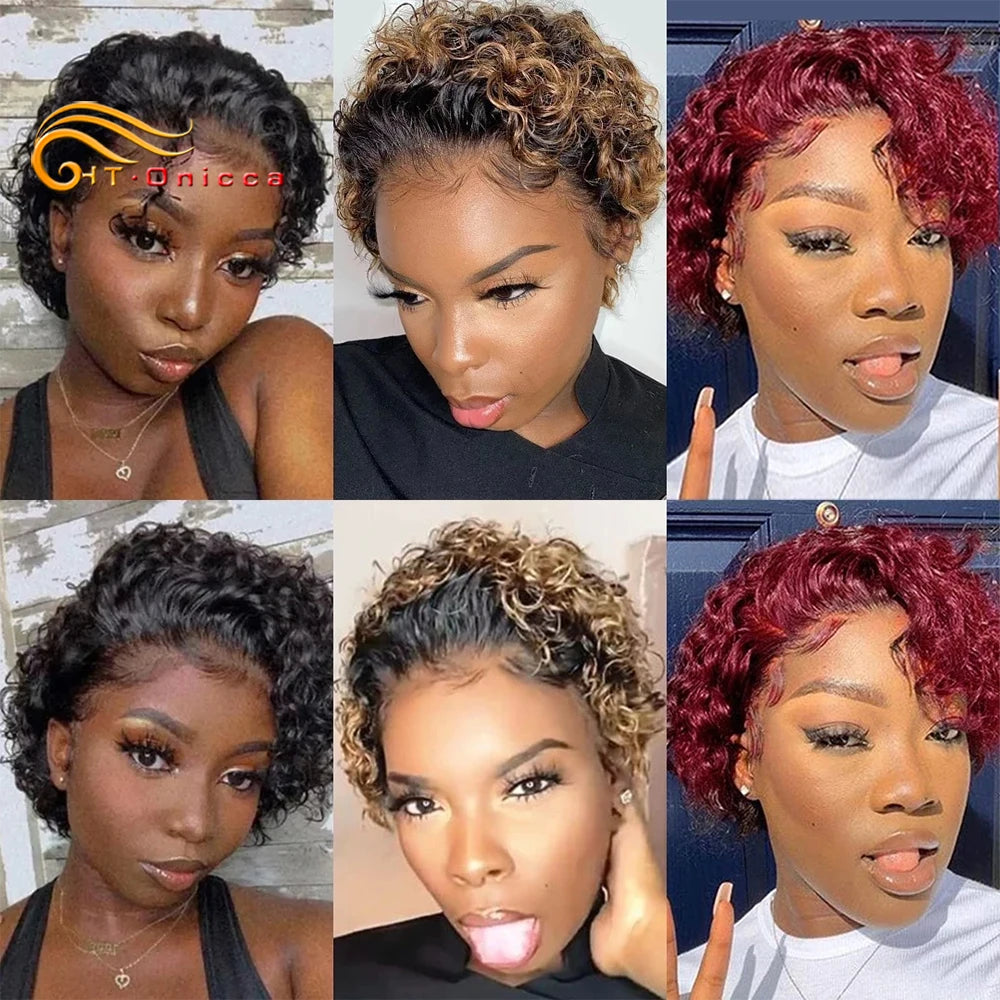 Curly Human Hair Wig Short Bob Pixie Cut Wig Human Hair For Women Brazilian Water Wave 13x1 Transparent Lace Wig