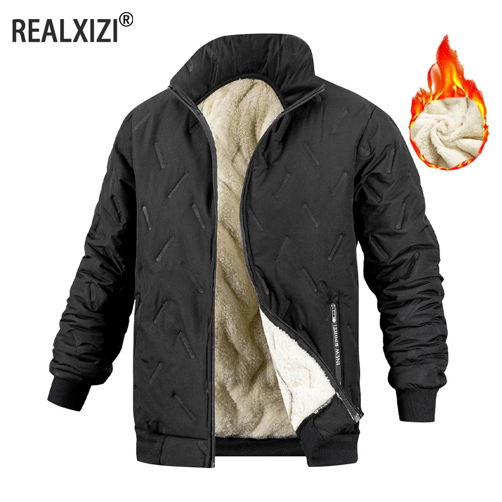 Winter Men's Zipper Stand Collar Jacket Male Casual Warm Thickened Fleece Lined Jacket Coat Streetwear Men Windproof Warm Coat