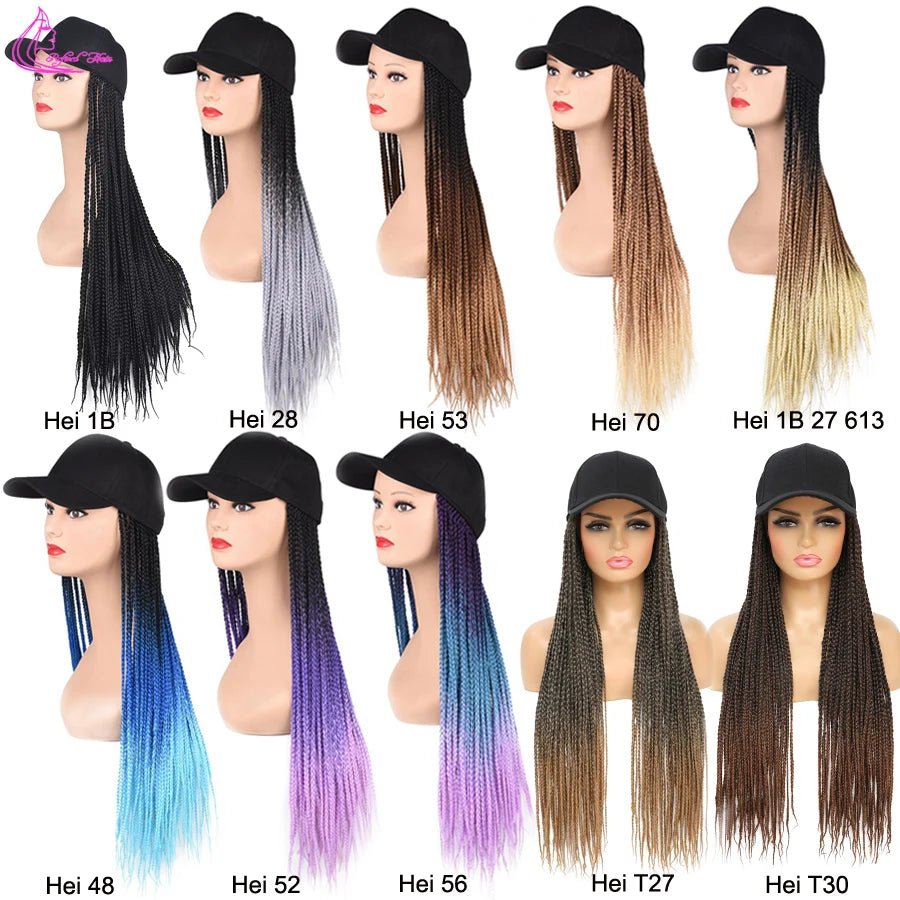 Synthetic Hat Wig Baseball Cap with Braiding Hair 24inch Long Braids Wigs Women Girls Daily Wear Ombre Blue Grey Brown Blonde