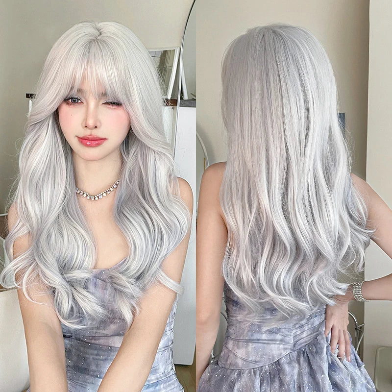7JHH WIGS Body Wavy Wig Long Loose Curly Brown Wig for Women Daily Use High Density Synthetic Layered Hair Wigs with Bangs