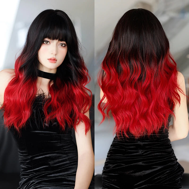7JHH WIGS Body Wavy Wig Long Loose Curly Brown Wig for Women Daily Use High Density Synthetic Layered Hair Wigs with Bangs