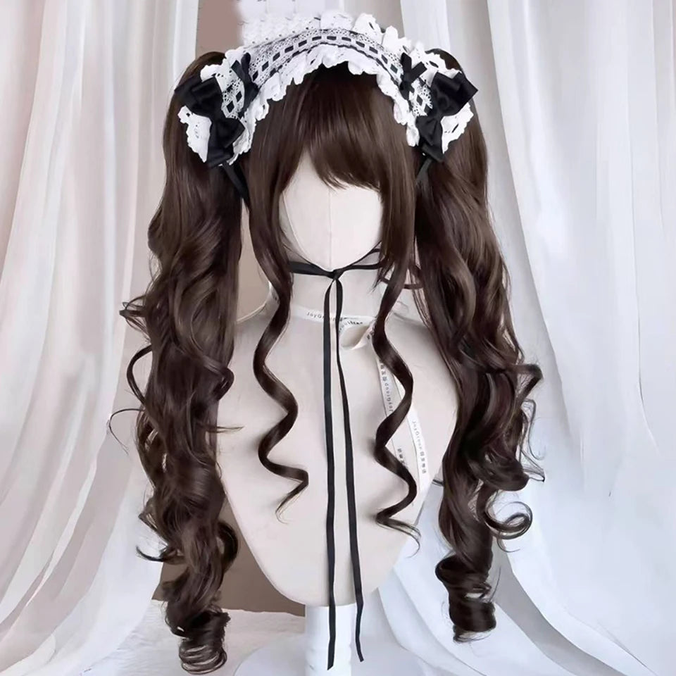 AOSI Synthetic Long Curly Wig Double Ponytail Cute Lolita Women Wigs Halloween Cosplay Style Blonde Brown Party Wig