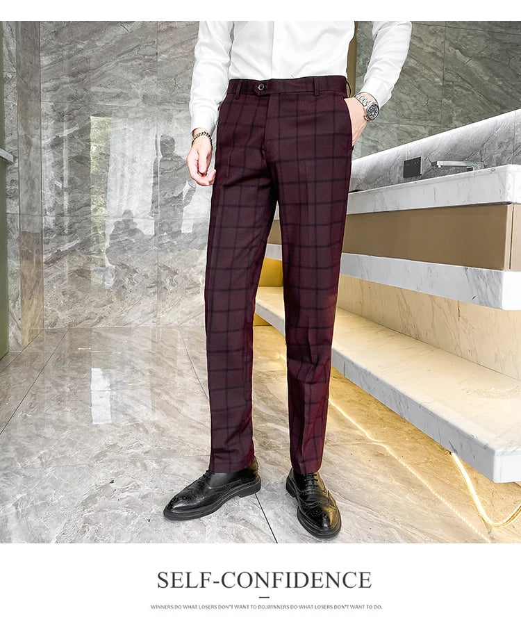 2025 New Burgundy Navy Plaid Casual Suit Pants for Men, Beige/Blue Vertical Stripe Non-Iron Slim Small Leg Work Trousers Men