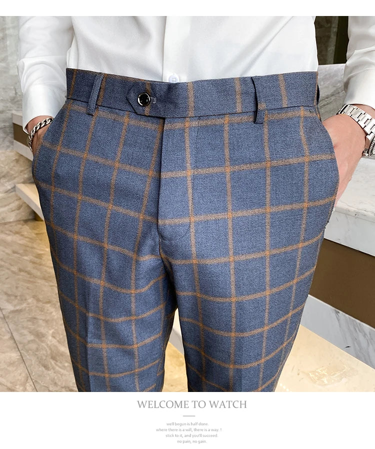 2025 New Burgundy Navy Plaid Casual Suit Pants for Men, Beige/Blue Vertical Stripe Non-Iron Slim Small Leg Work Trousers Men
