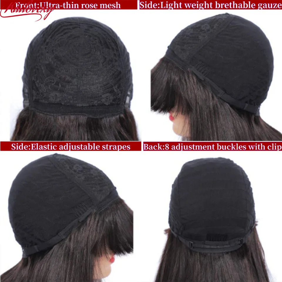 Water Wave Wig with Bangs Human Hair Full Machine Made Scalp Top Wig Glueless Virgin Brazilian Long Curly Wig No Lace for Women