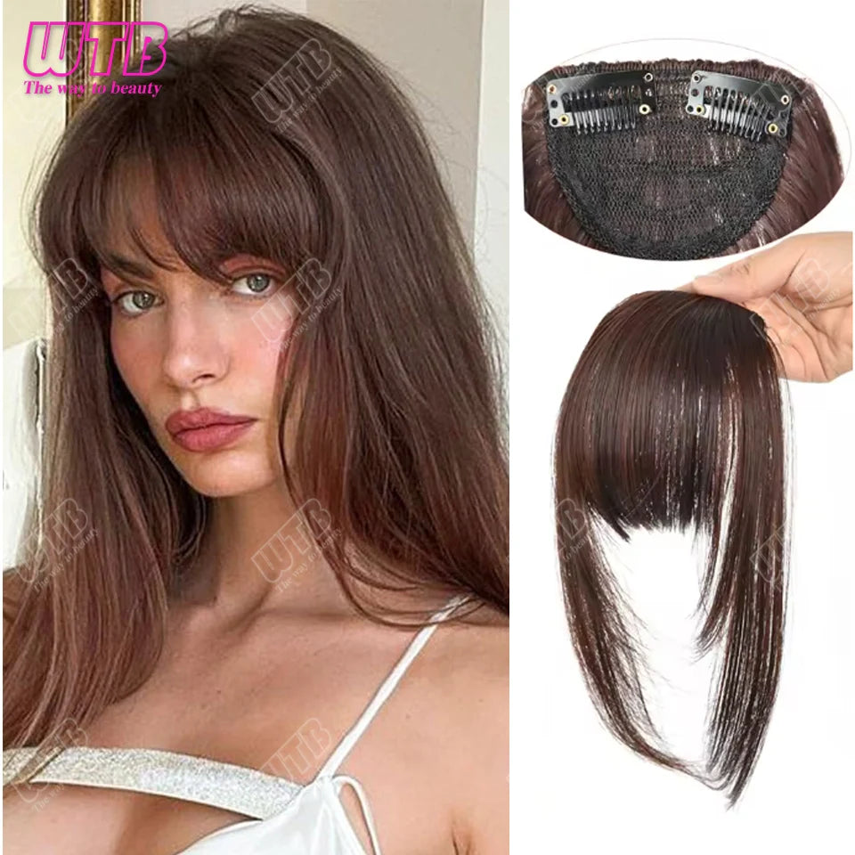 Natural Straight Blunt Bangs Synthetic Natural Brown Black False Fringe Clip In Front Hair With Fringe with Temples Daily Wear