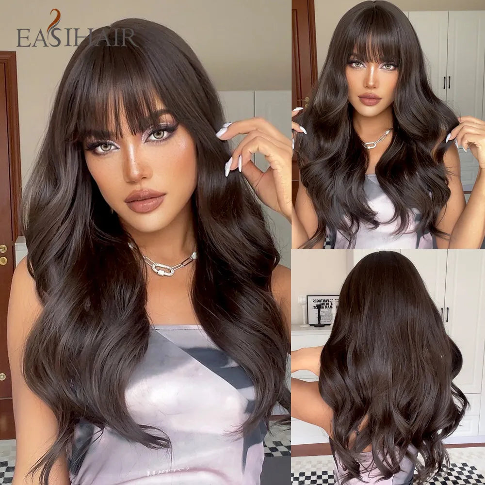 EASIHAIR Ombre Brown Light Blonde Platinum Long Wavy Middle Part Hair Wig Cosplay Natural Heat Resistant Synthetic Wig for Women