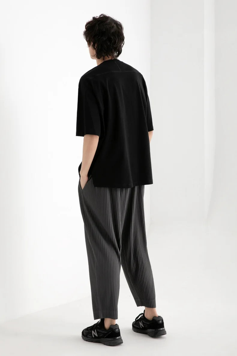 Pleats Pleated Commuter Pants Men's 2024 Autumn New Draped Elastic Trousers Casual Japanese Men Solid Color Nine Minute Pants
