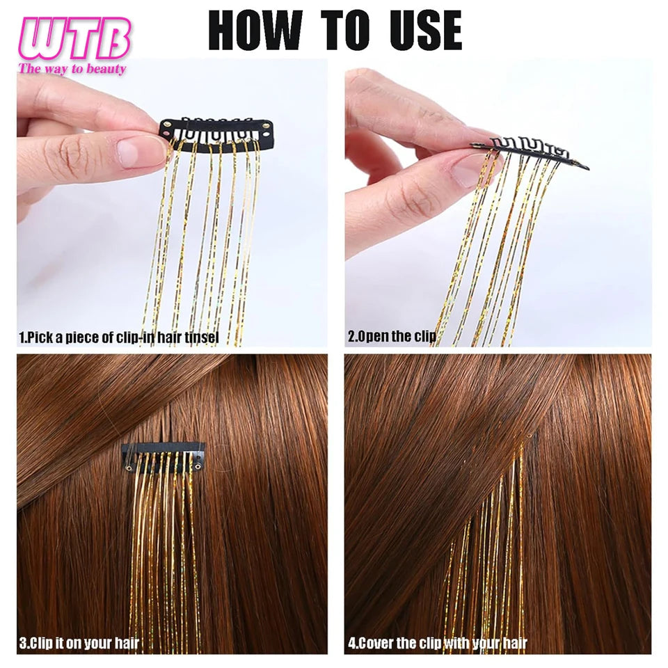 12Pcs Clip in Hair 20 Inch Synthetic Colorful Glitter Tinsel Hair Extension Fashion Party Christmas New Year Gift for Women Hair