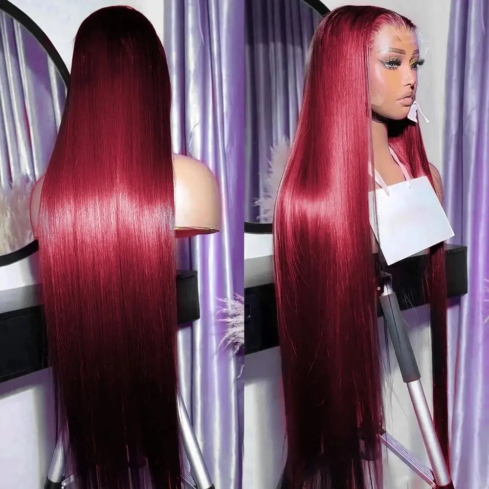 250 Density 99J Burgundy 13x6 Lace Frontal Human Hair Wigs Brazilian Colored 30 40 Inch Straight Red Lace Front Wigs Human Hair