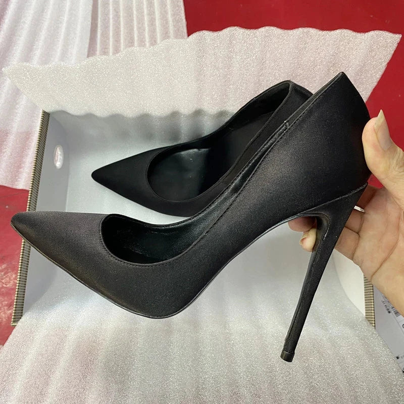 Veowalk All Black Women Satin Silk Pointy Toe Stiletto Pumps Elegant Ladies Formal Dress Slip On High Heel Shoes 8cm 10cm 12cm
