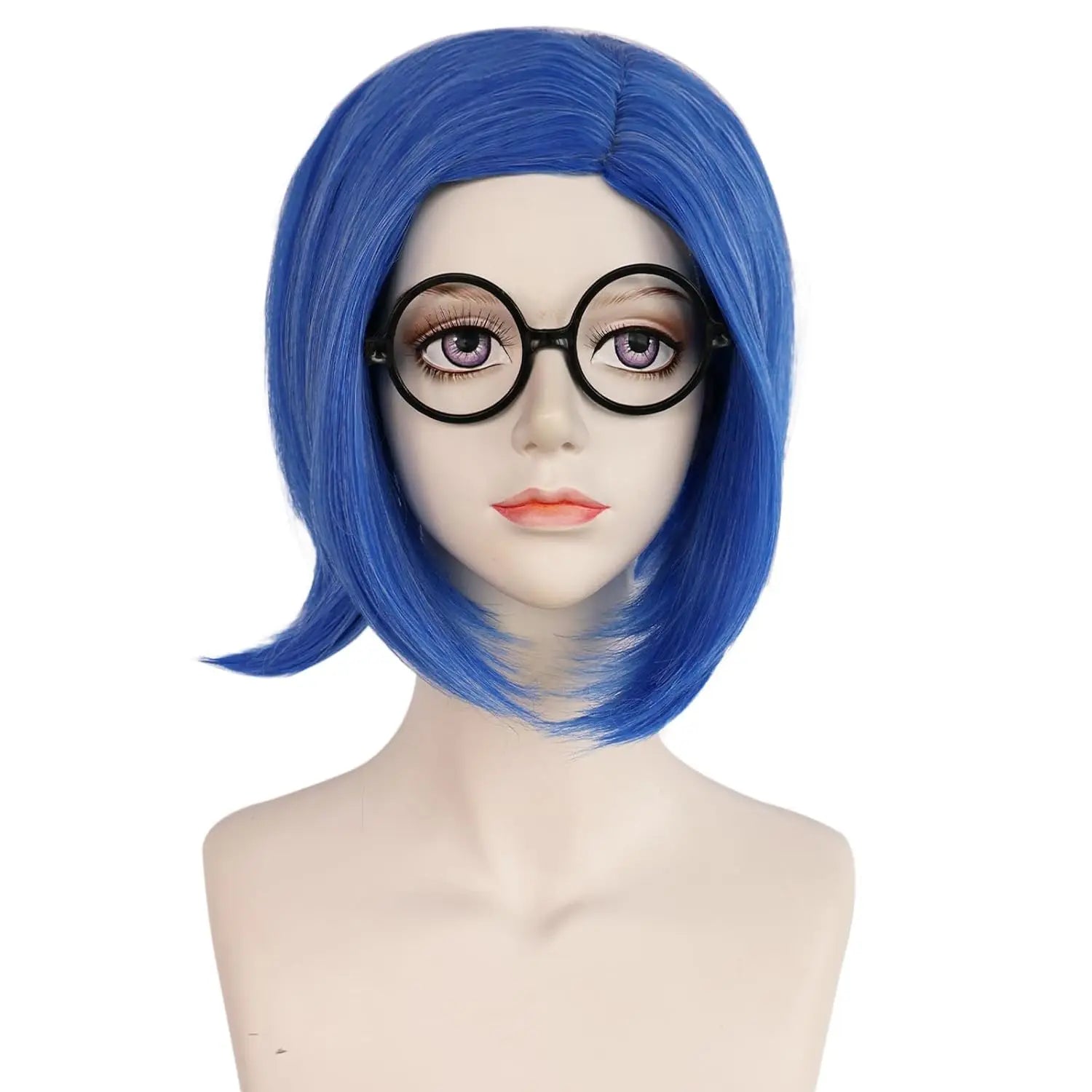 Synthetic Blue Sadness Wig【+Wig Cap+Glasses】Short Blue Bob Wigs Cosplay Wig Women Straight Blue Wig Costume Outfit Halloween