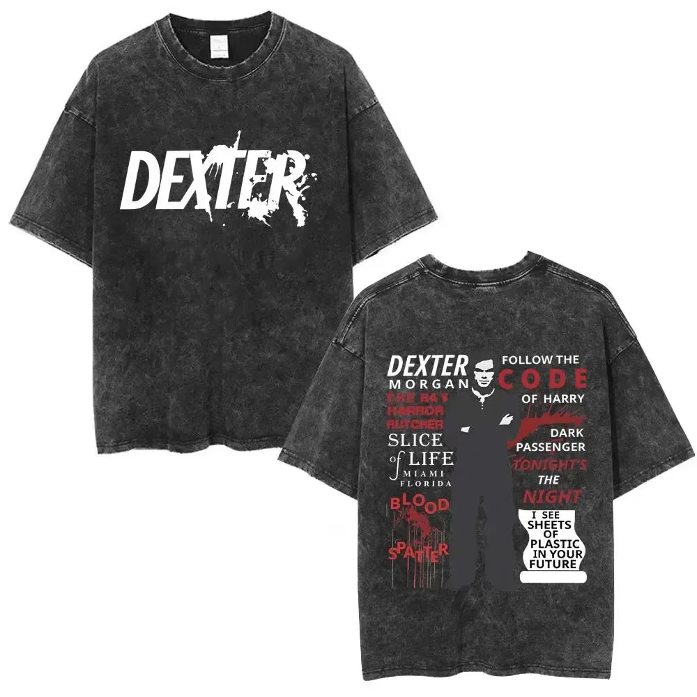 Classic TV Play Dexter Morgan Still Print T-shirt Vintage Washed Cotton Men Women Oversized Summer New Tee Casual Oversized Tops