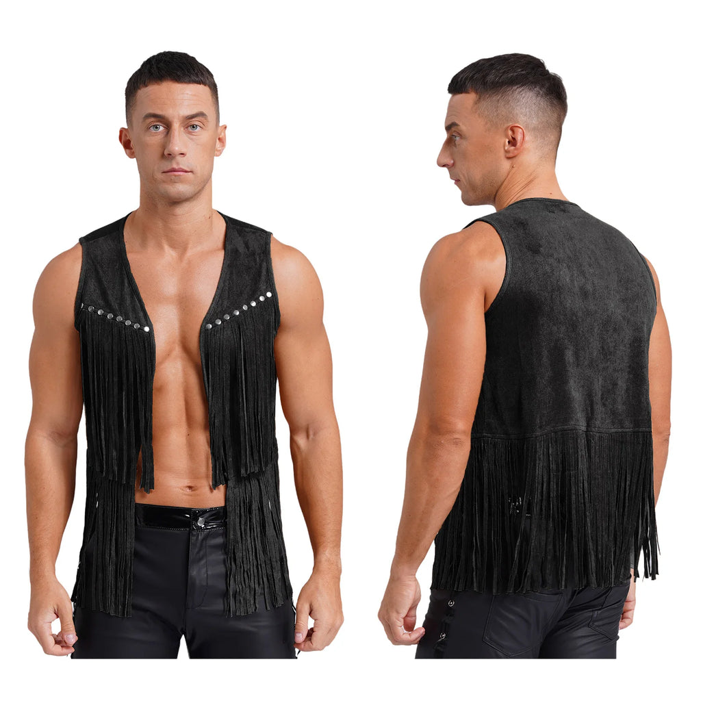 Mens Faux Suede Tassel Vest Coat Punk Western Cowboy Costume Fashion Rivets Fringe Waistcoat Open Front Sleeveless Jacket Tops