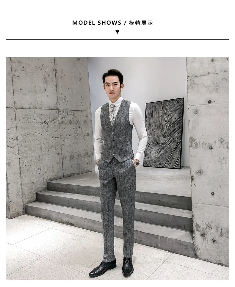 2025 New Burgundy Navy Plaid Casual Suit Pants for Men, Beige/Blue Vertical Stripe Non-Iron Slim Small Leg Work Trousers Men