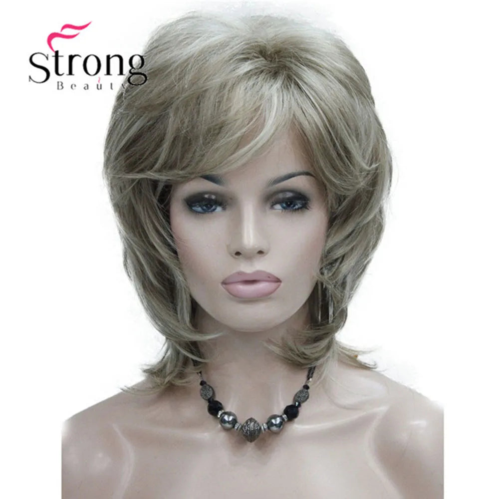 StrongBeauty Short Layered Brown with Blonde Highlighted Classic Cap Full Synthetic Wig Women's Hair Wigs for Women