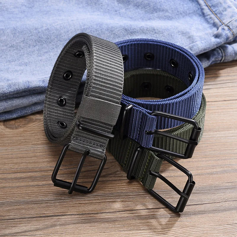 1pc Men's Belt Porous Canvas Metal Pin Buckle Belt Outdoor Sports Belt Women's Fashion Eyelet Belt With Jeans Belt For Men Women