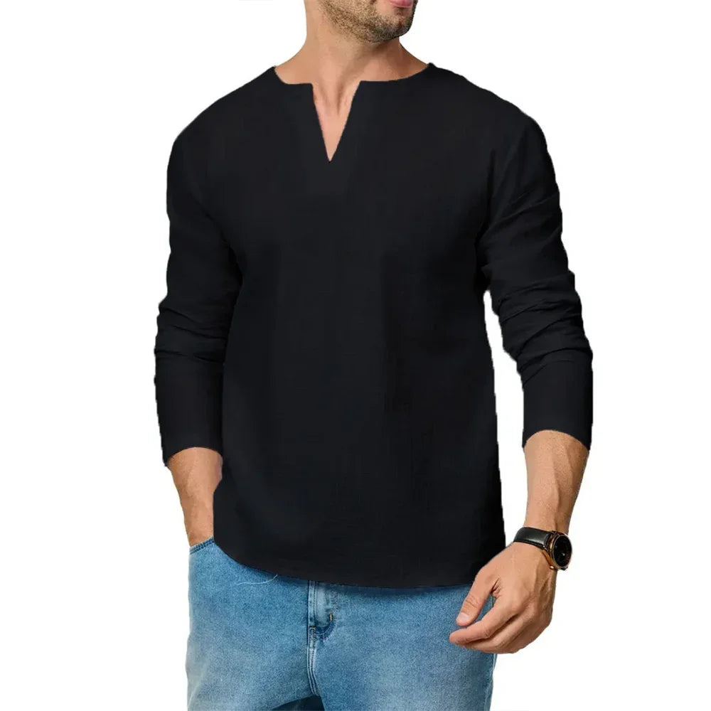 Men's Cotton Linen Long Sleeve T-Shirt Breathable V-neck Casual Slim Fit Solid Color Lightweight Male Casual Cozy Tees