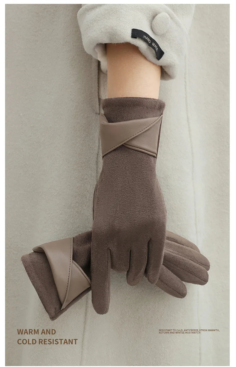 New Suede Gloves for Women Winter Plus Velvet Warm Commercial Style Temperament Bow Touch Screen Riding Driving