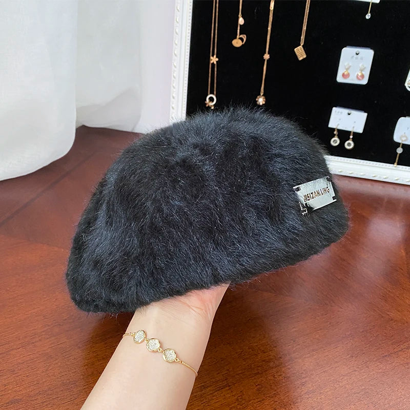 Rabbit Fur Beret Women's Autumn And Winter Korean Version Fashionable Versatile Iron Logo Reverse Wearing Plush Forward Hat