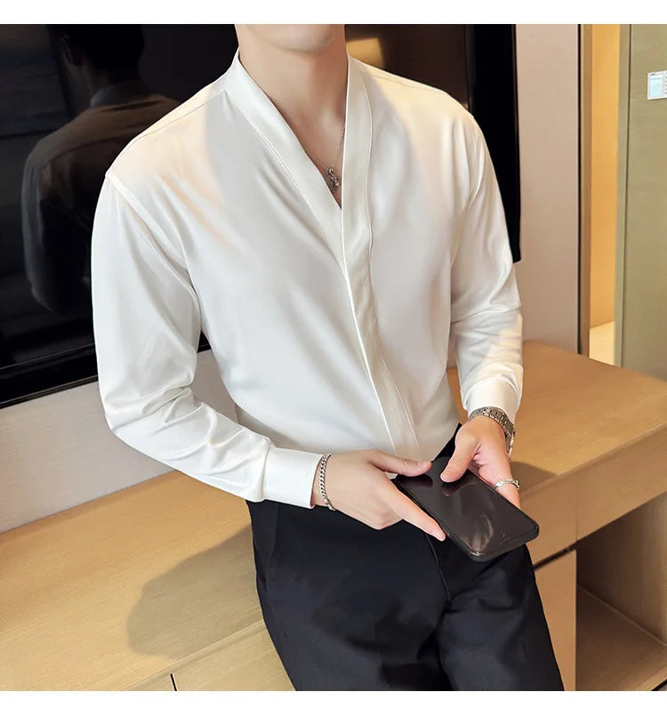 High Quality Collarless Shirts Men Fashion Slim Fit Long Sleeve Casual Shirts Business Office Social Formal Shirt Men Clothig