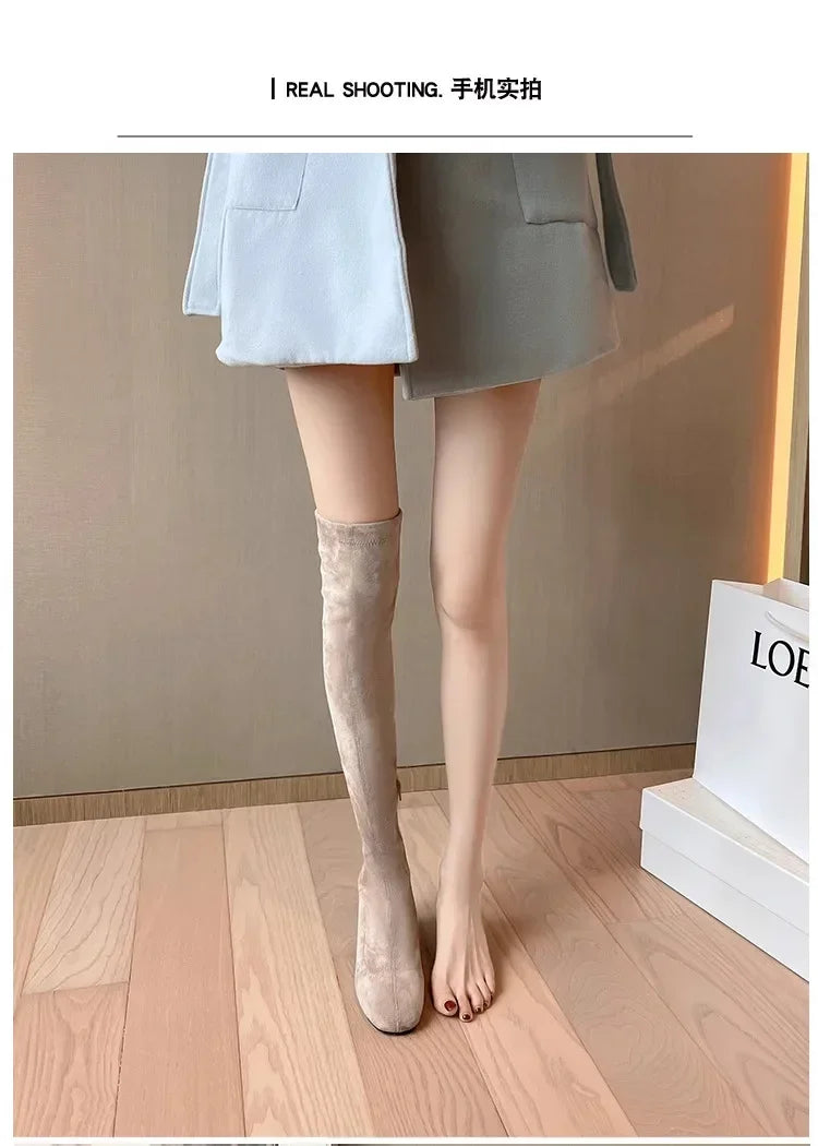 Elastic Long Faux Suede Boots Woman Over-the-knee Boots Casual Black Platform Shoes for Women Autumn Ladies Bottes 2024
