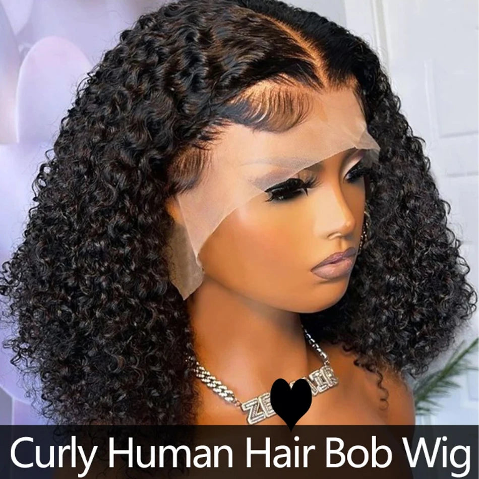 250 Density Glueless Kinky Curly Bob Wig Lace Frontal High Quality Wear And Go 100% Human Hair Wigs Pre Plucked 13X6 Deep Water