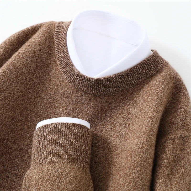 Autumn/Winter Men's 100% Pure Cashmere Pullover Business Casual Solid Knitted Sweater Loose Round Neck Tops Thick Warm Jumper