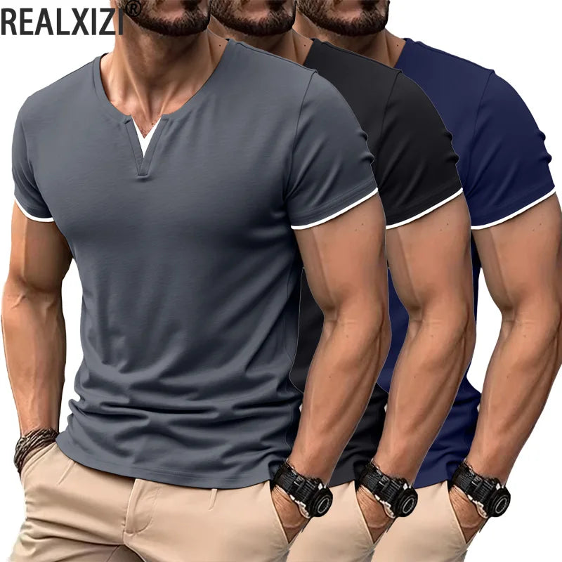 Mens Short Sleeve Henley Shirt Casual Summer V Neck T-Shirt Casual Slim Fit Basic Solid Color Loose Fitness Sport Breathable Top