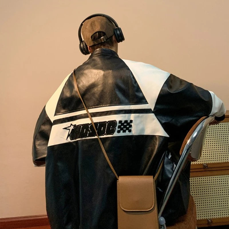 Gmiixder American Hip-hop Racing Coat Motorcycle Leather Jacket Men's Flocked Embroidery Loose Casual Windproof Punk Vibe Jacket