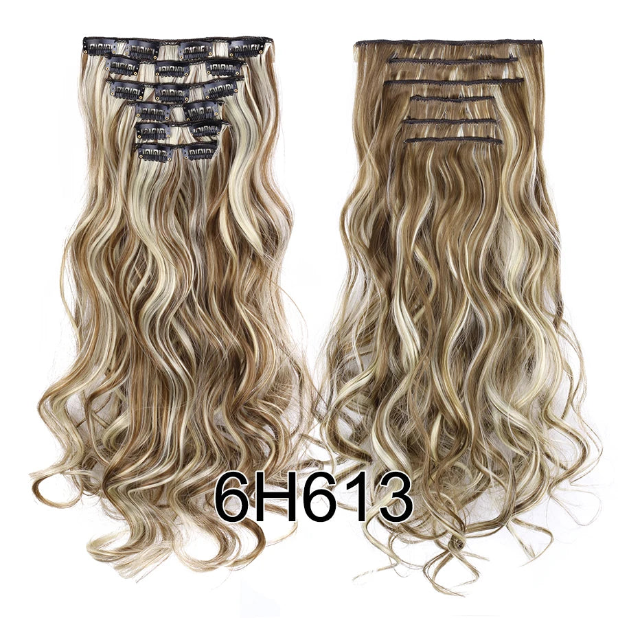 Clip-In Hair Extensions Syntetic Hair 22Inch Long Wave Hair Extensions Ombre Cclip-In One Piece 6Pcs/Set Fake Hairpiece