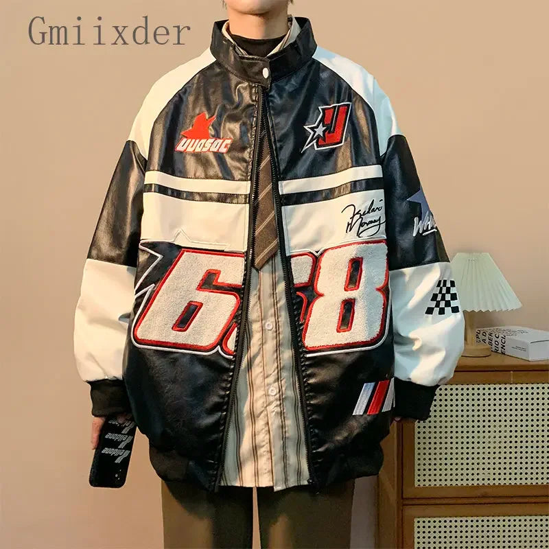 Gmiixder American Hip-hop Racing Coat Motorcycle Leather Jacket Men's Flocked Embroidery Loose Casual Windproof Punk Vibe Jacket