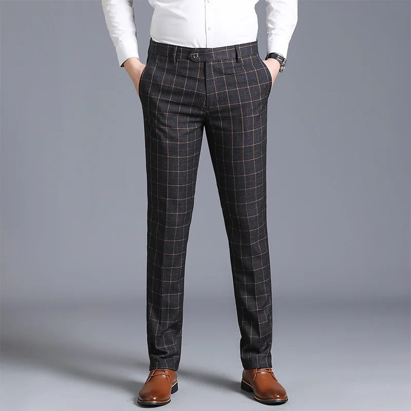 2025 New Burgundy Navy Plaid Casual Suit Pants for Men, Beige/Blue Vertical Stripe Non-Iron Slim Small Leg Work Trousers Men