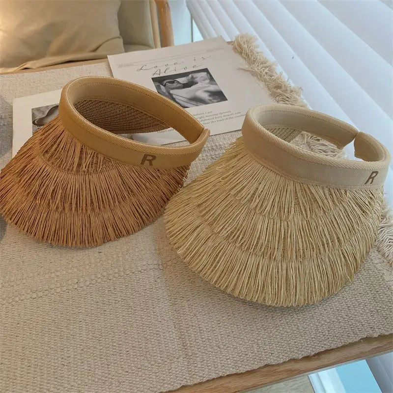2025 New summer empty top women's straw braid fringe sunhat is a sunhat with sunblock UV beach holiday