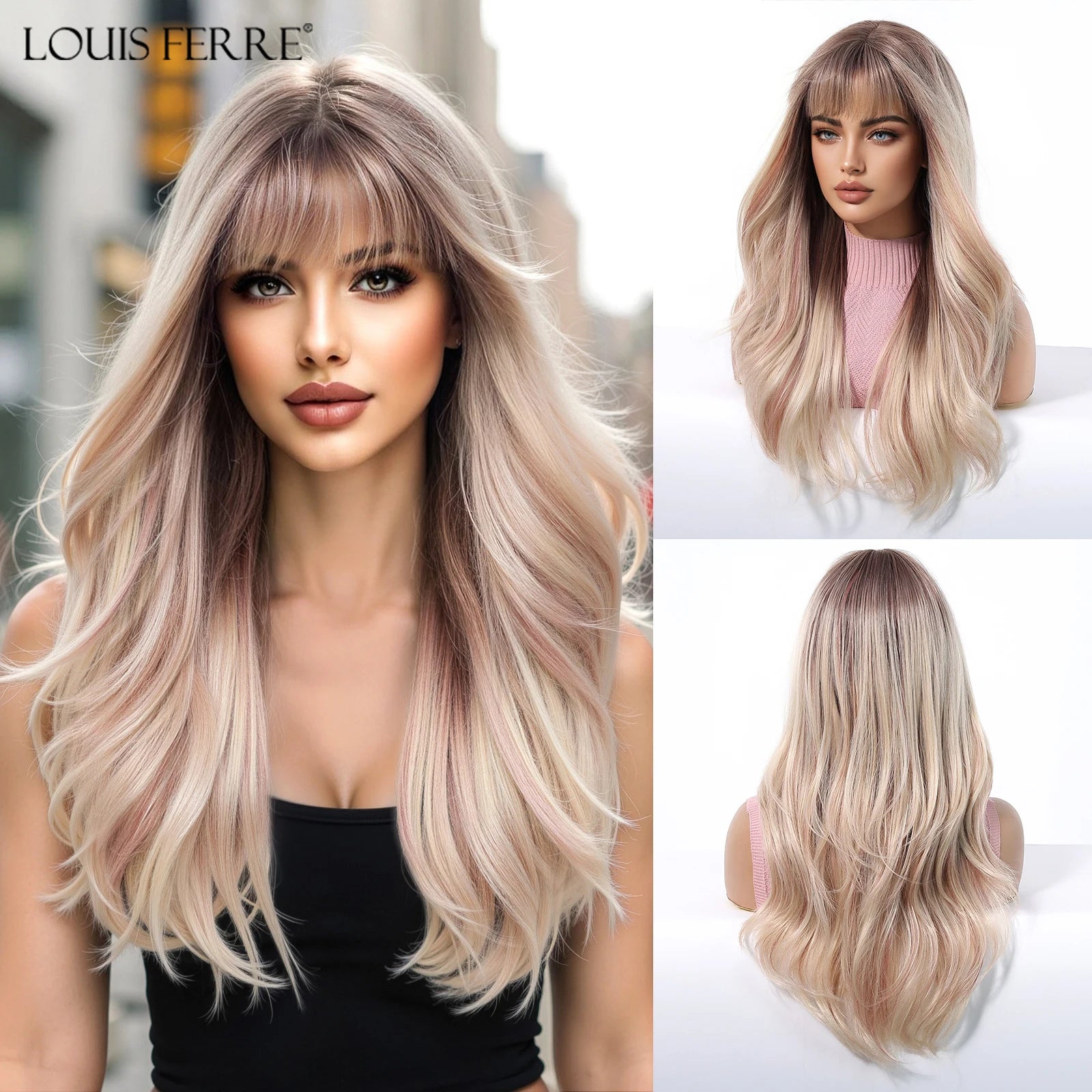 LOUIS FERRE Brown Blonde Highlights Wigs For Women Daily Long Wavy Curly Synthetic Wigs Natural Heat Resistant Hair With Bangs