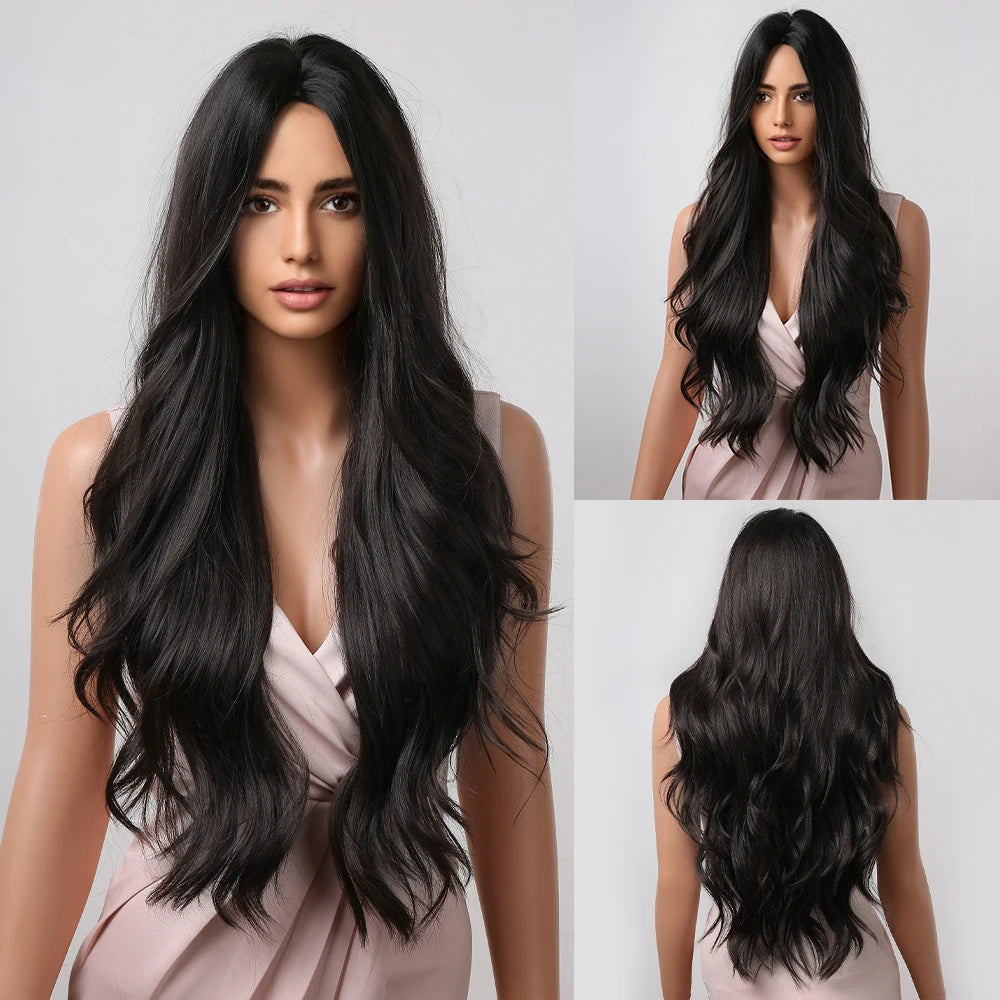 ALAN EATON Long Wave Dark Brown Synthetic Wigs for Black Women Middle Parted Wigs with Highlights Cosplay Hair Heat Resistant