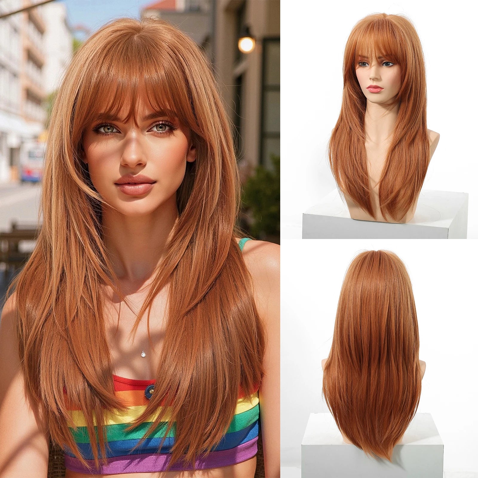 EASIHAIR Brown Straight Layered Wigs for Women Long Natural Hair Synthetic Wigs With Bangs Daily Use Party Heat Resistant Wigs