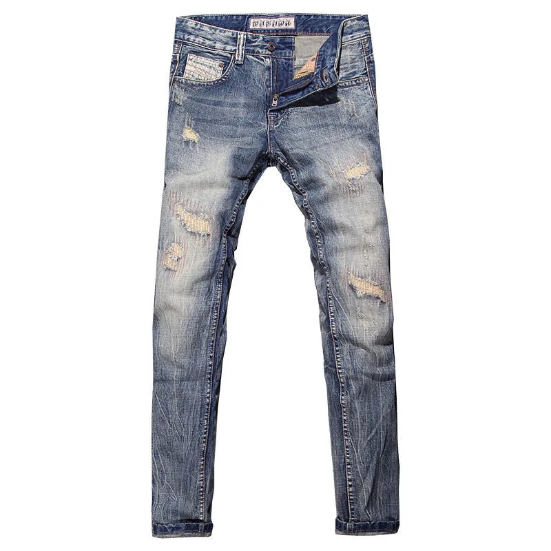 2023 Spring and Autumn New Classic Fashion Solid Color Ripped Small Foot Pants Men's Casual Comfort Elastic High Quality Jeans