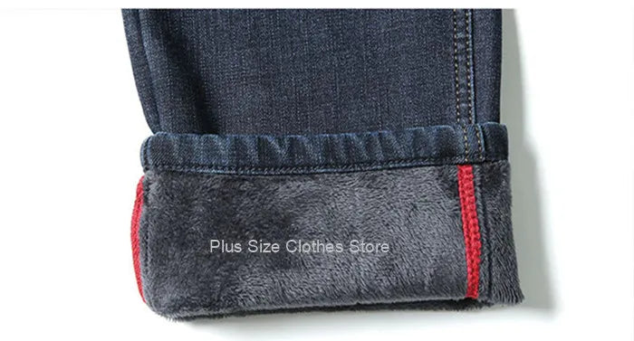 Tall Man Fleece Jeans 117CM Extra Long Stretched Plus Size 42 44 Fit Trousers Warm Autumn Winter High Waist Denim Pants Trousers