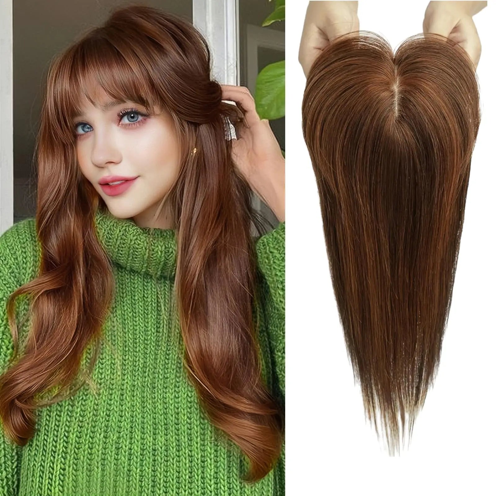 Ombre Brown Real Human Hair Toppers Wigs with Bangs Silk Base Clip Pieces 14inch Straight Topper Hairs for Women Hair Extension