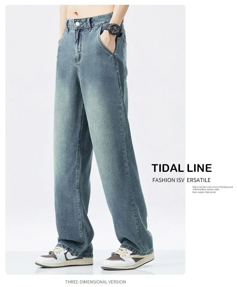 Lyocell Summer New Straight Jeans Men's Fashion Vintage Y2k Pants Streetwear Male Loose Casual Male Wide Denim Trousers baggy