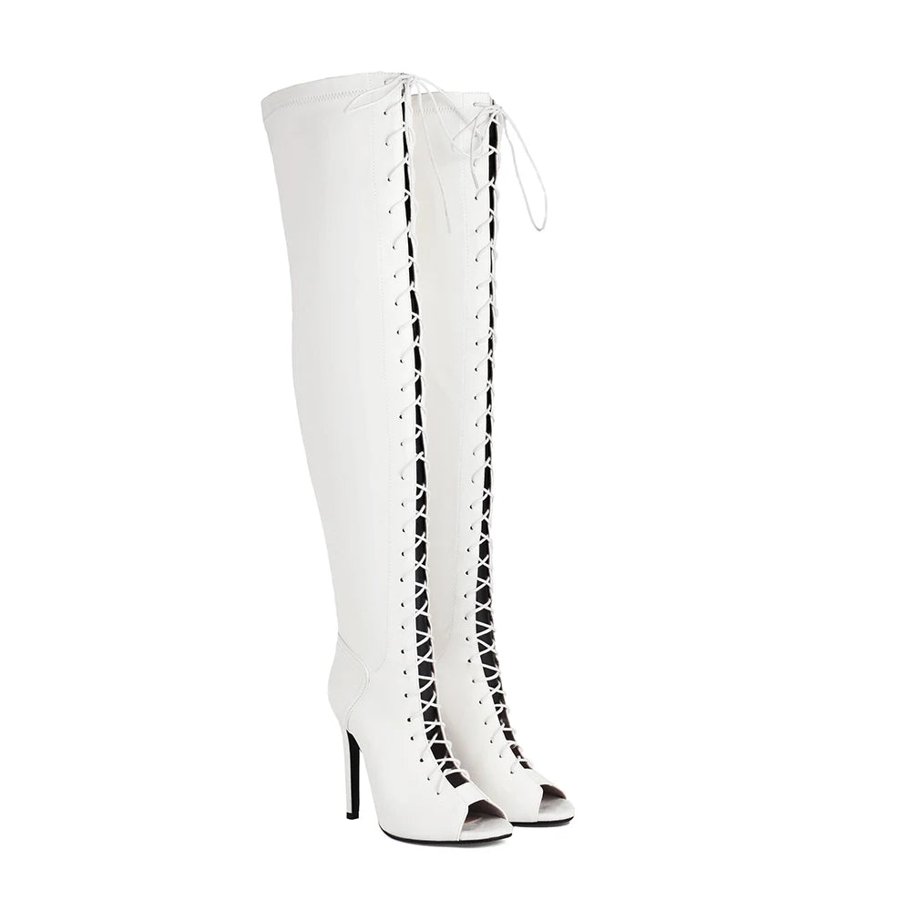 Fashion Party Women's Dance Shoes Sexy Thin High Heels Open Toe Cool Boot Summer Latin Jazz Ballroom Cross Straps Thigh Boots